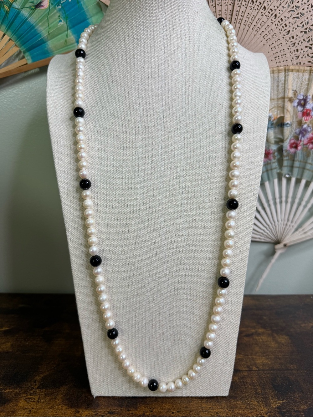 Classic White Pearl Necklace with Black Onyx  Beads - 36”